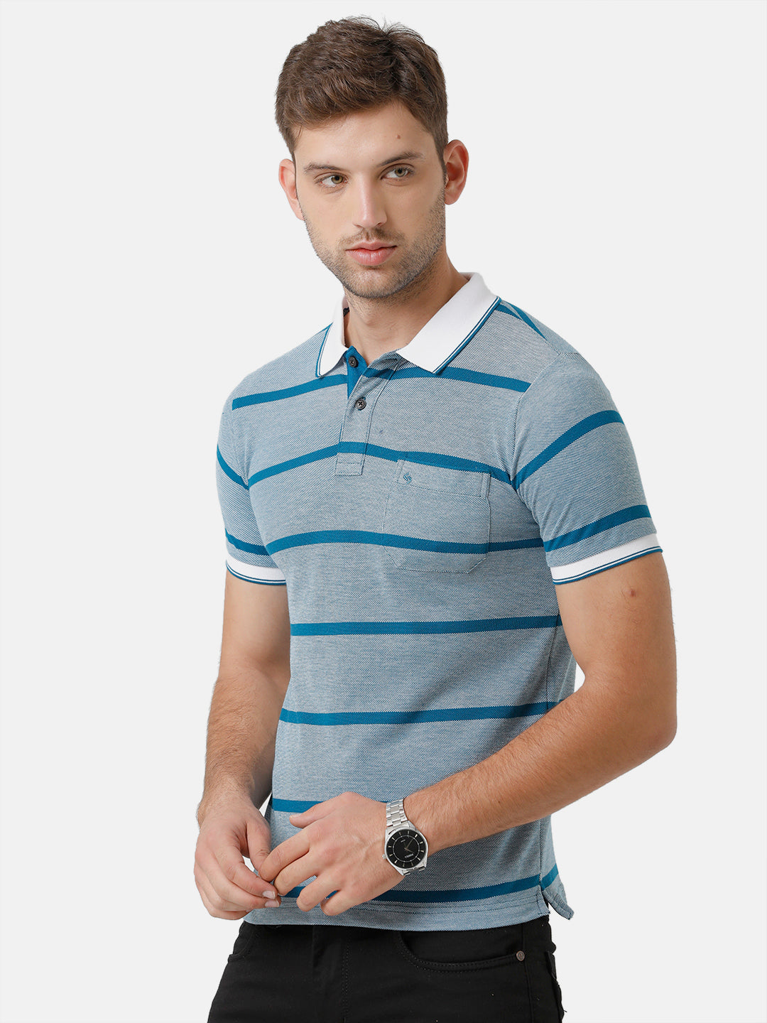 Classic Polo Mens Cotton Blend Half Sleeve Striped Slim Fit Polo Neck Blue Color T-Shirt | Adore 171 B