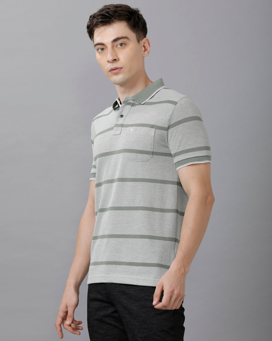 Classic Polo Mens Cotton Blend Striped Half Sleeve Slim Fit Polo Neck Grey Color T-Shirt | Adore 171 A
