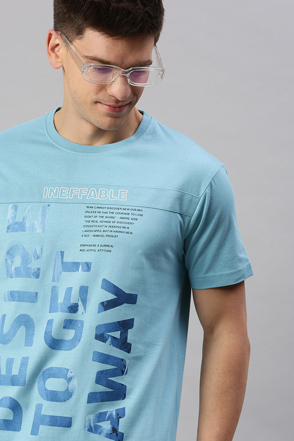 Classic Polo Men's Cotton Half Sleeve Printed Slim Fit Crew Neck Light Blue Color T-Shirt | Baleno - 501 A