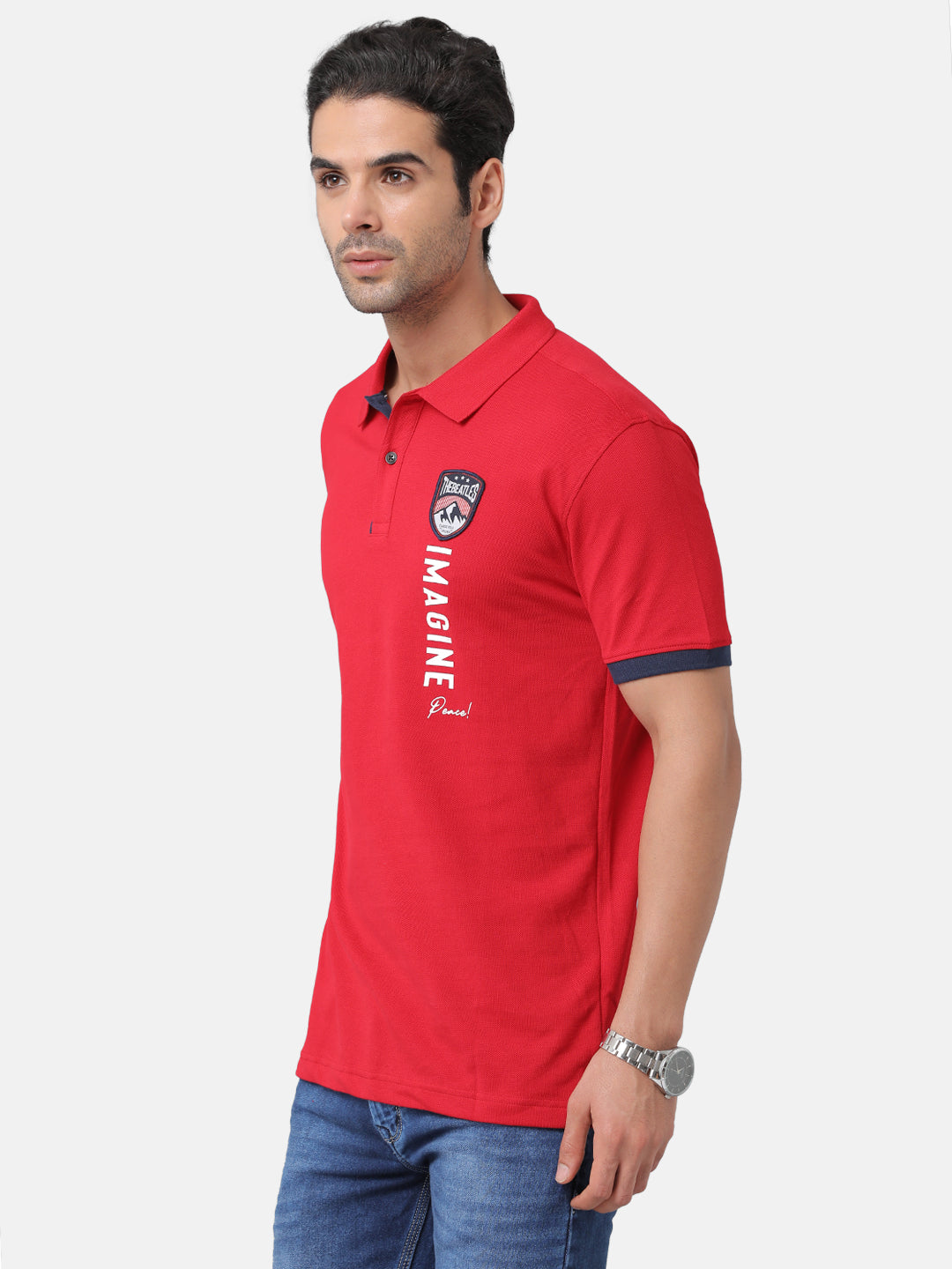Classic Polo Mens Cotton Chest Print Slim Fit Polo Neck Red Color T-Shirt | Prm 686a