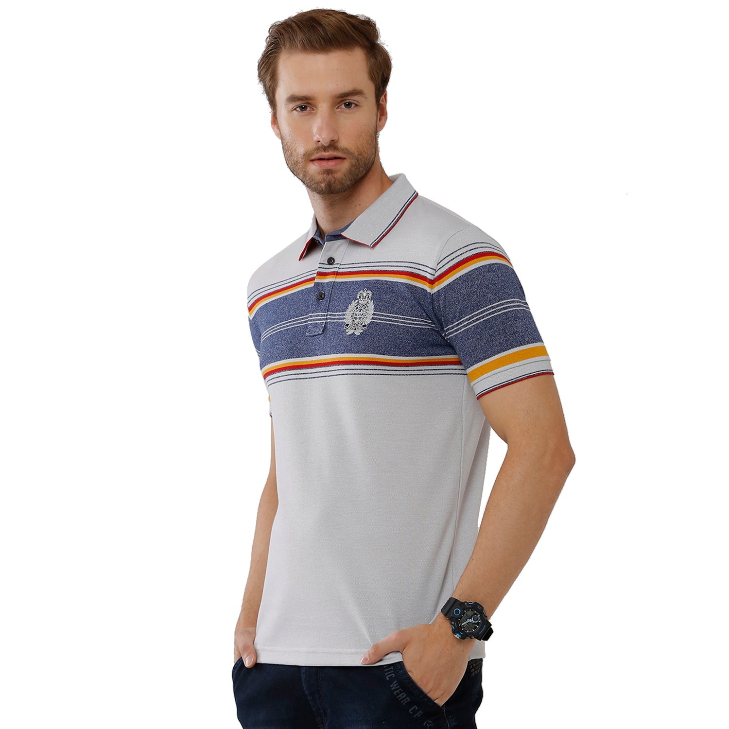 Classic Polo Mens 100% Cotton Multi Grey Stripped Slim Fit Polo Neck T-Shirt - VTA 189 A T-shirt Classic Polo 