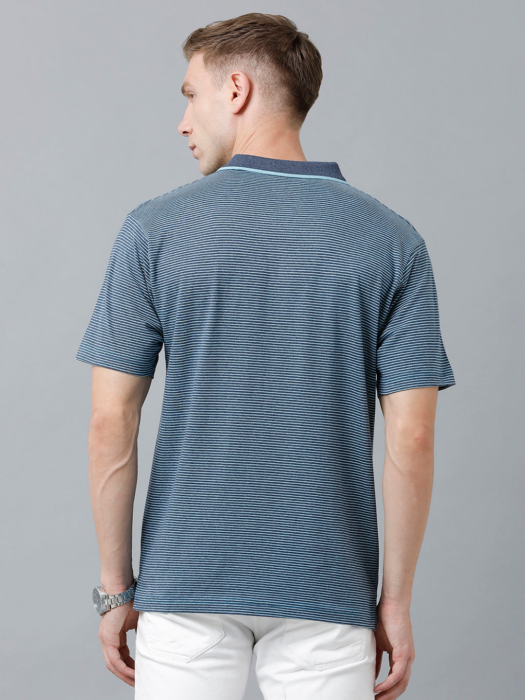 Classic Polo Men's Cotton Half Sleeve Striped Authentic Fit Polo Neck Navy Blue Color T-Shirt | Feeders - 222 A