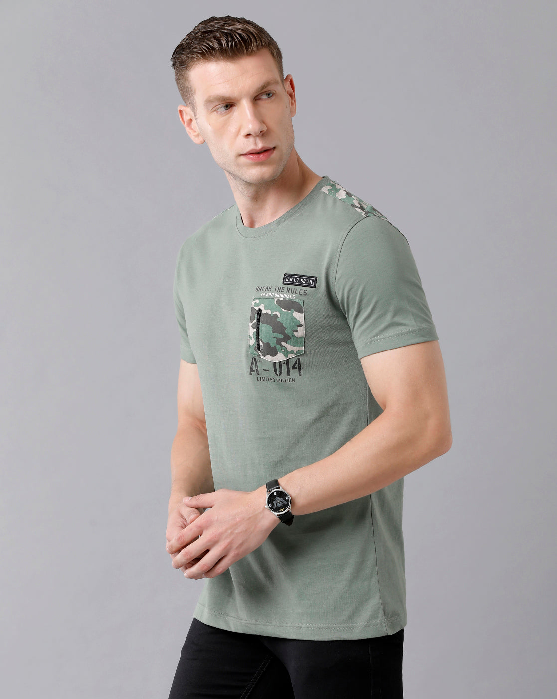 CP BRO Men's Cotton Color Block Half Sleeve Slim Fit Round Neck Green Color T-Shirt | Brcn - 490 A