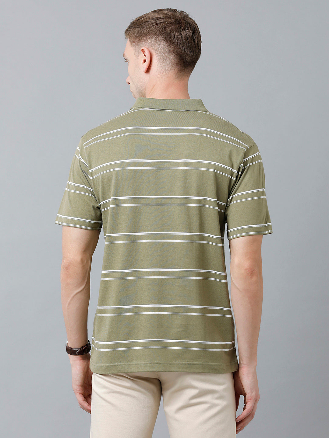 Classic Polo Men's Cotton Blend Half Sleeve Striped Authentic Fit Polo Neck Olive Green Color T-Shirt | Avon - 515 B