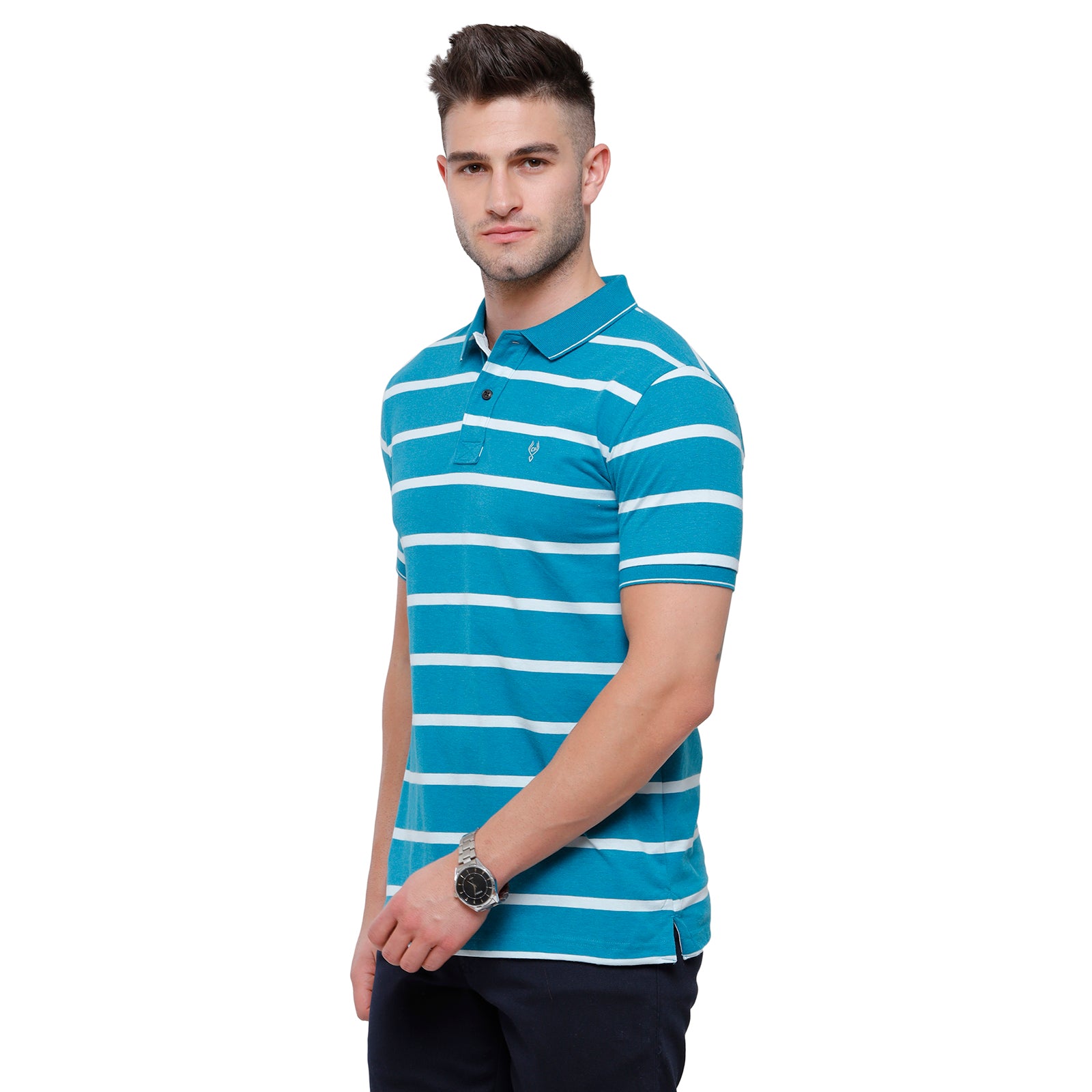 Classic Polo Mens Cotton Striped Slim Fit Polo Neck Blue Colour T-Shirt - Cpeg 273A T-shirt Classic Polo 