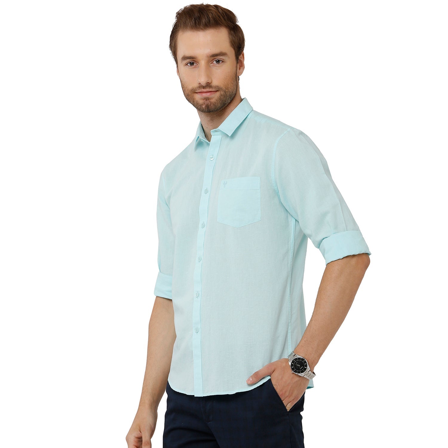 Classic Polo Mens 100% Cotton Solid Milono Fit Light Green Color Woven Shirt - Mica-L.Green FS Shirts Classic Polo 