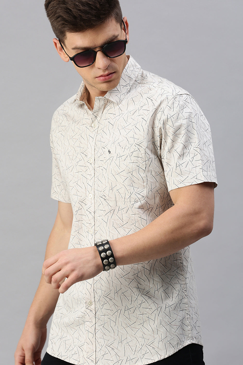 Classic Polo Men's Cotton Half Sleeve Printed Slim Fit Polo Neck Cream Color Woven Shirt | So1-03 B