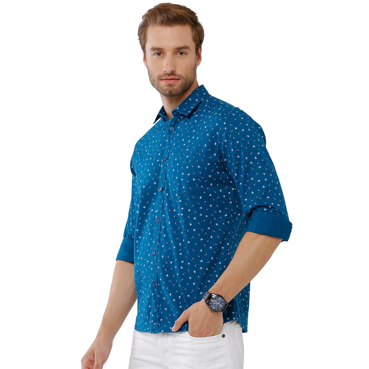 Classic Polo Bro Mens 100% Cotton Printed Full Sleeve Slim Fit Polo Neck Navy Color Woven Shirt (SBN1-72 B-FS-PRT-BSL) Classic Polo 