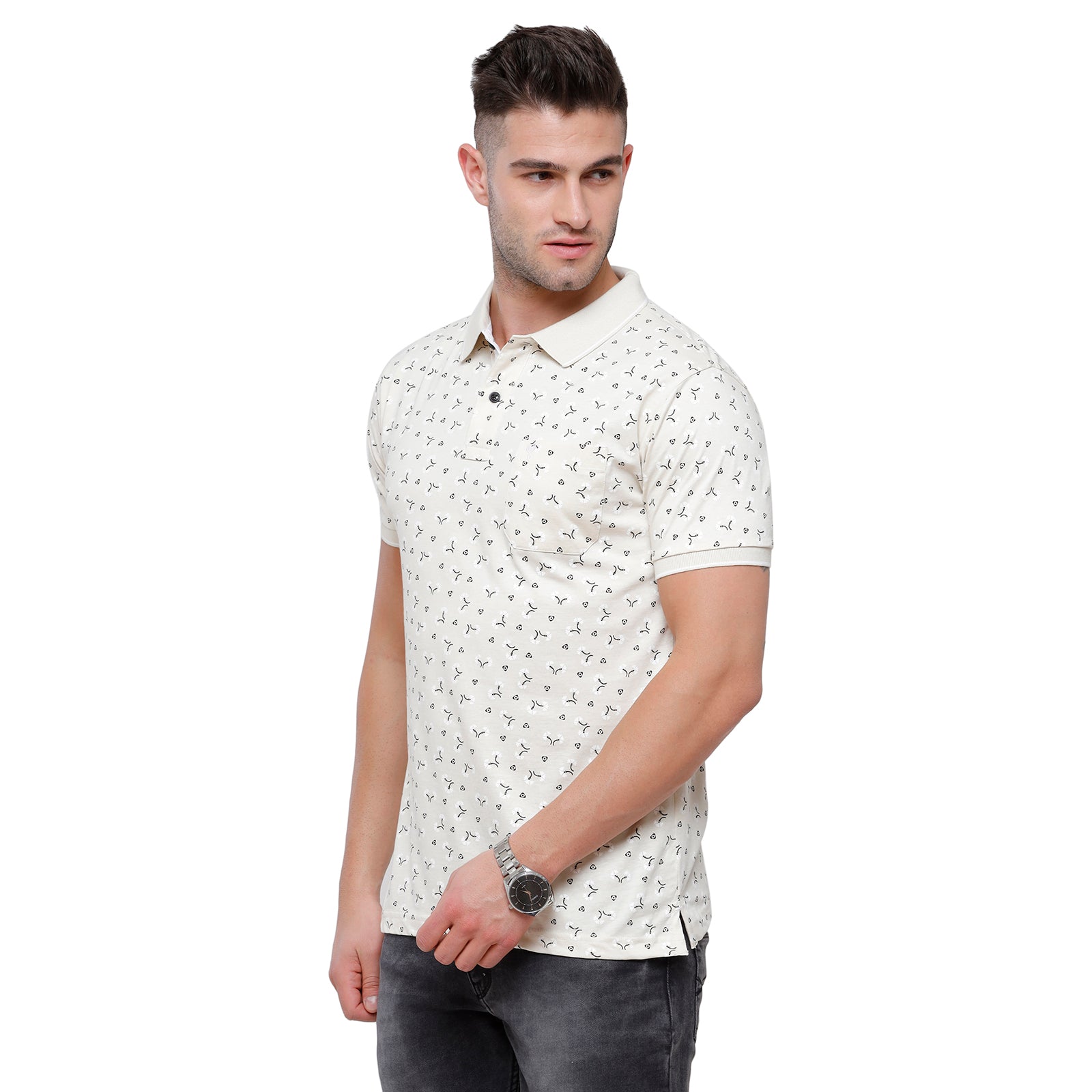 Classic Polo Mens Printed Slim Fit Polo Cream Colour T-Shirt - Bello 166B T-shirt Classic Polo 