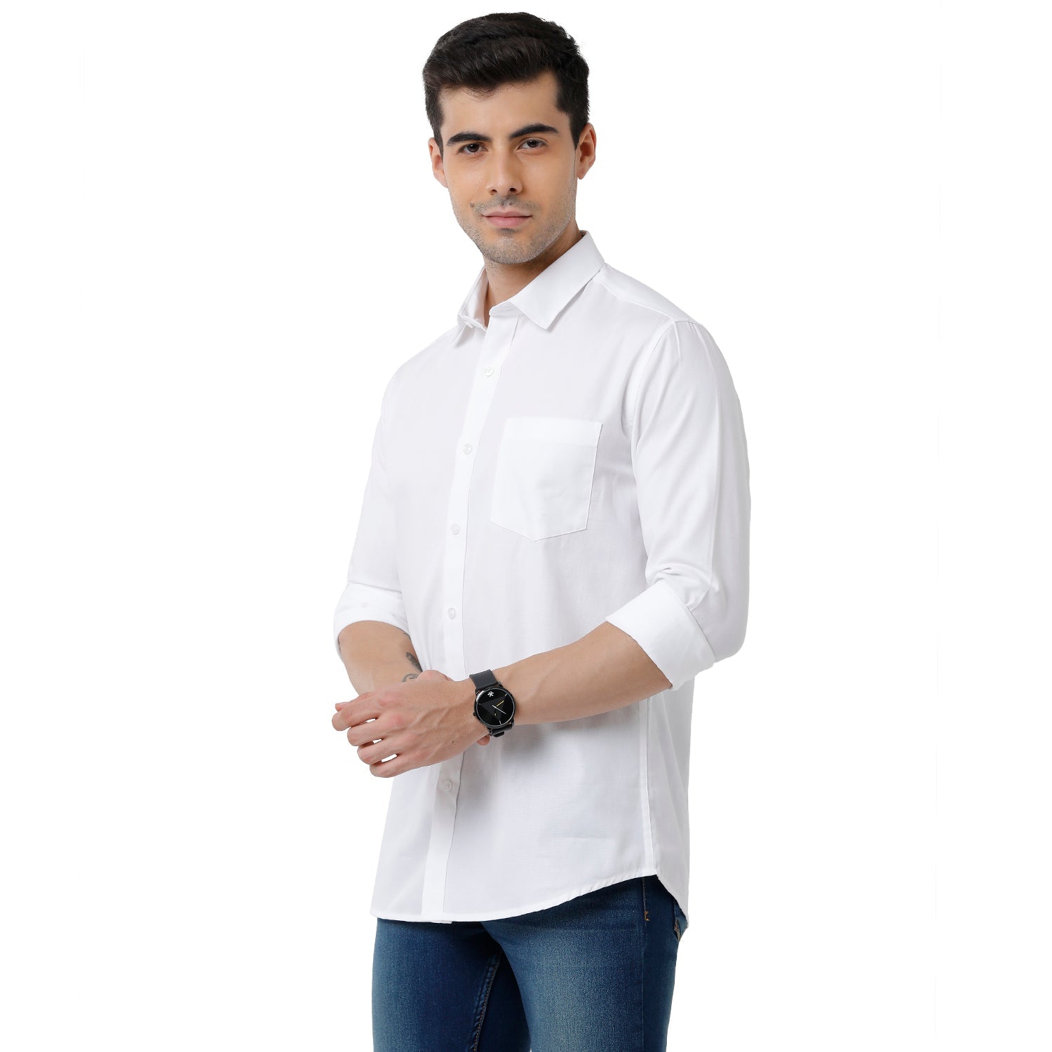 Classic Polo Mens 100% Cotton Solid Slim Fit Full Sleeve White Color Shirt - White-02 Shirts Classic Polo 