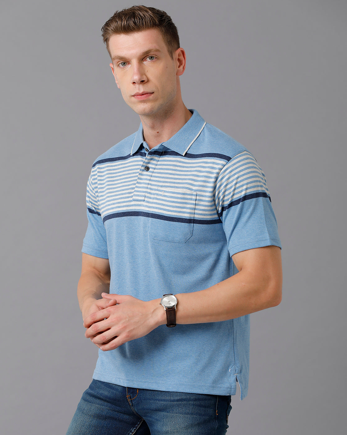 Classic Polo Men's Cotton Blend Striped Authentic Fit Sky Blue T-Shirt | Mel - 216 B