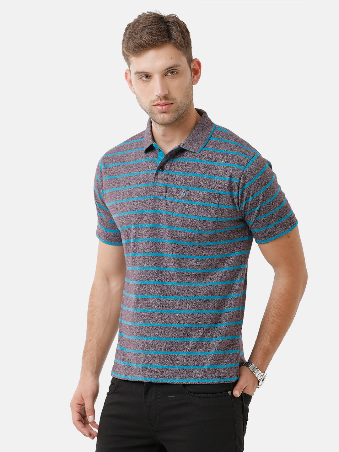 Classic Polo Mens Cotton Blend Striped Half Sleeve Authentic Fit Polo Neck Dark Grey Color T-Shirt | Mel 212 B