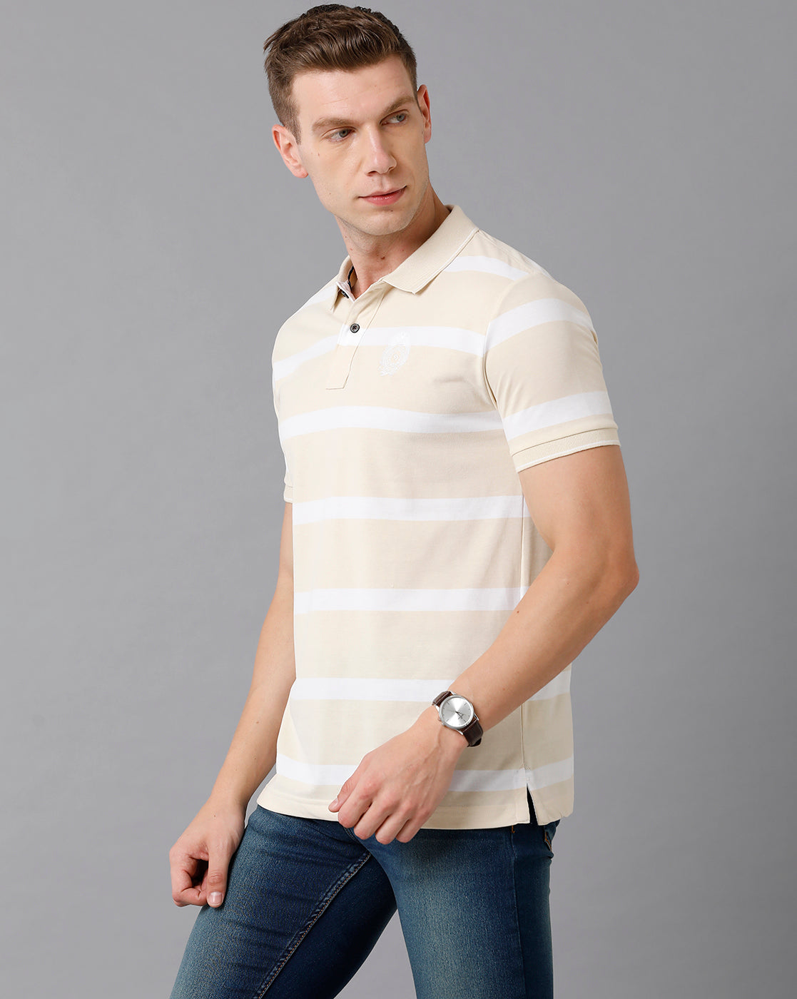 Classic Polo Men's Cotton Striped Slim Fit Beige T-Shirt | Cpeg - 282 A