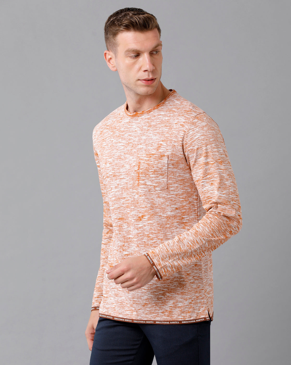 Classic Polo Men's Cotton Self Design Full Sleeve Slim Fit Round Neck Peach Color T-Shirt | Baleno Fs - 481 B