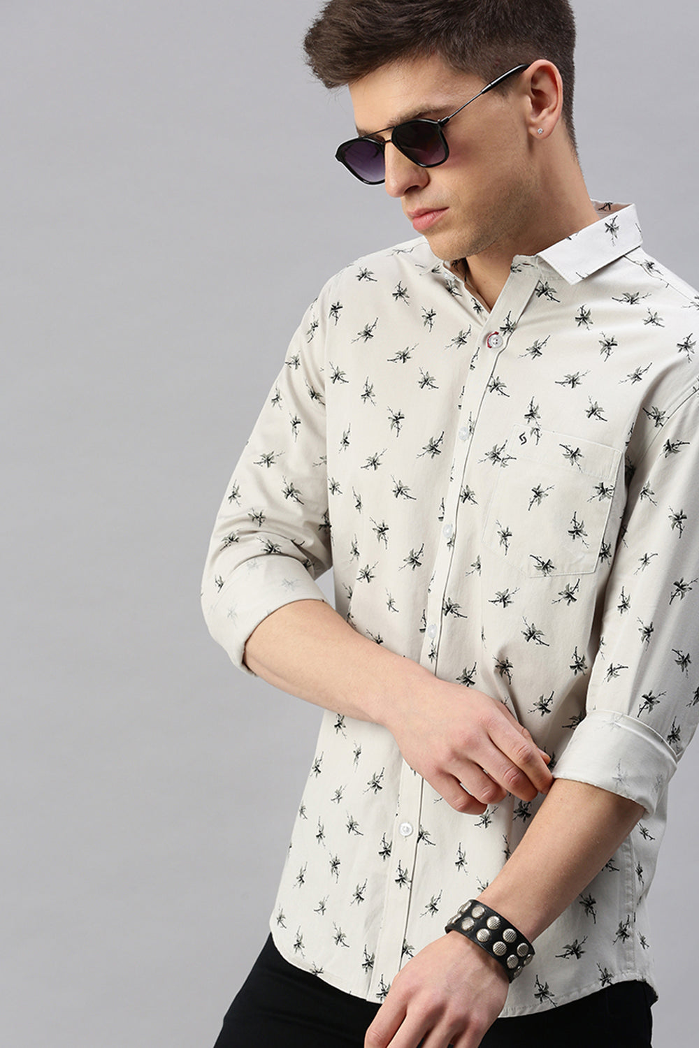 Classic Polo Men's Cotton Full Sleeve Printed Slim Fit Polo Neck Black Color Woven Shirt | So1-13 C