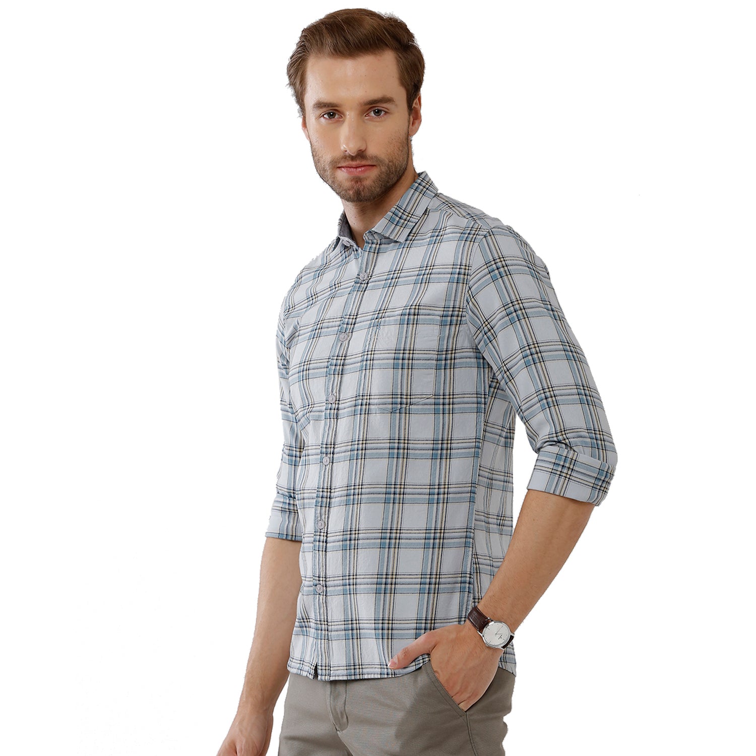 Classic Polo Bro Mens 100% Cotton Checked Full Sleeve Slim Fit Polo Neck Multicolor Woven Shirt (SBN1-55 B-FS-CHK-BSL) Classic Polo 