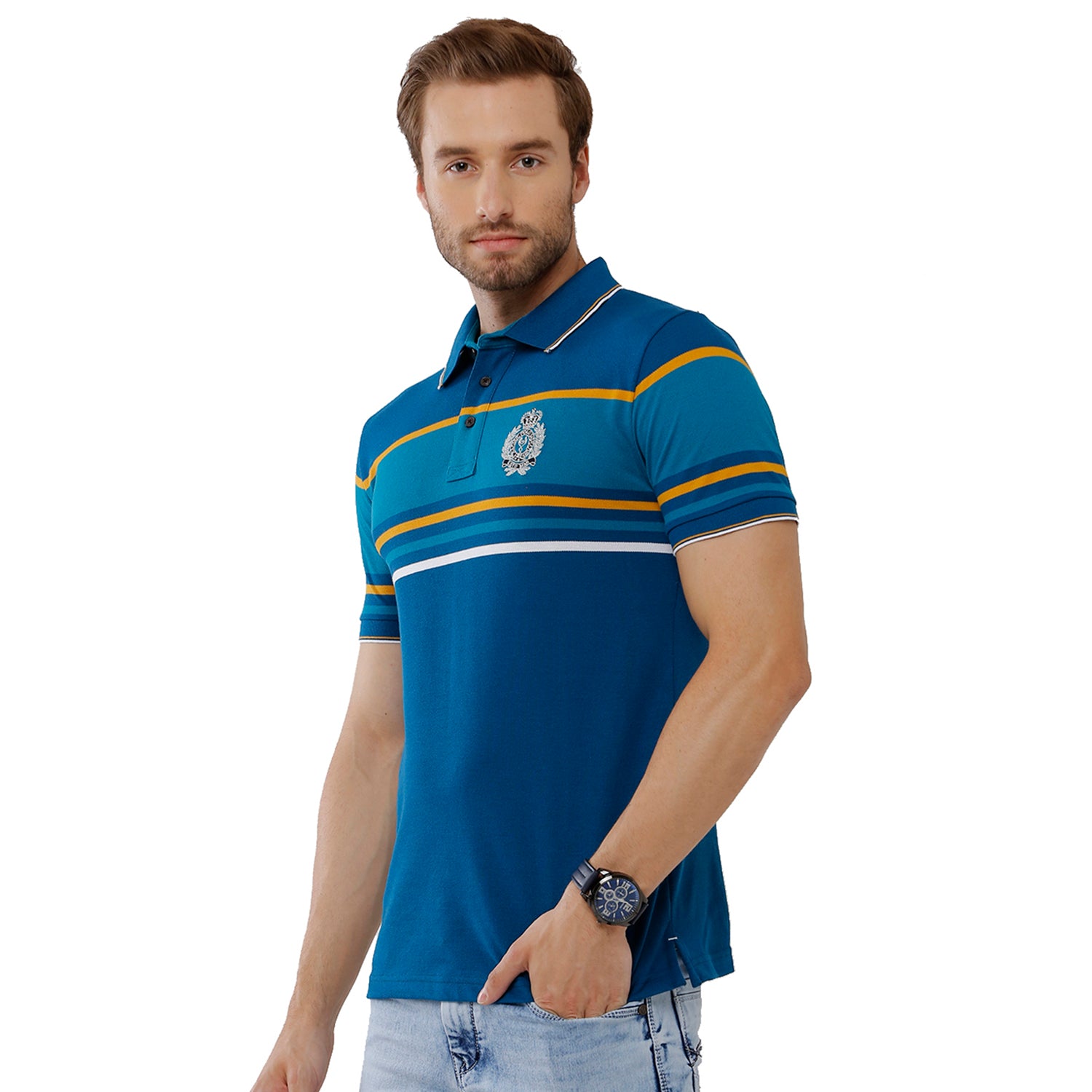 Classic Polo Mens 100% Cotton Blue Stripped Slim Fit Polo Neck T-Shirt - VTA 85 A T-shirt Classic Polo 