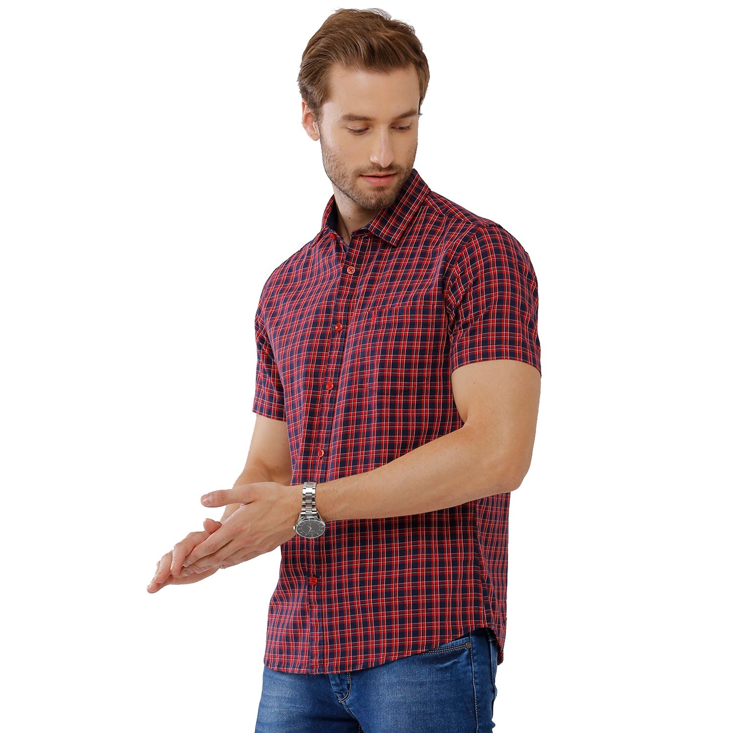 Classic Polo Mens 100% Cotton Half Sleeve Checked Slim Fit Maroon Woven Shirt -SN1 123 B Shirts Classic Polo 