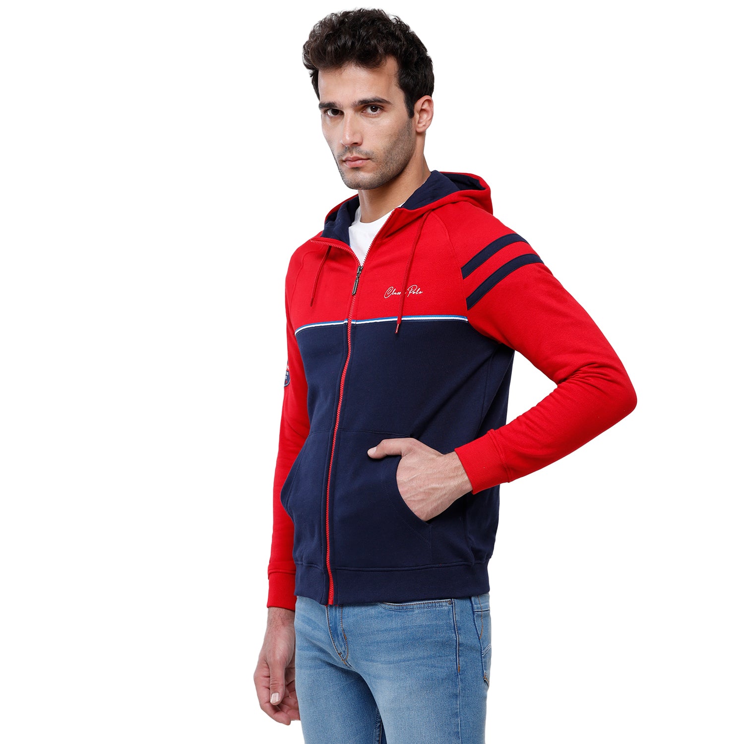 Classic Polo Men's Color Block Full Sleeve Red & Navy Hood Sweat Shirt - CPSS-330B Sweat Shirts Classic Polo 