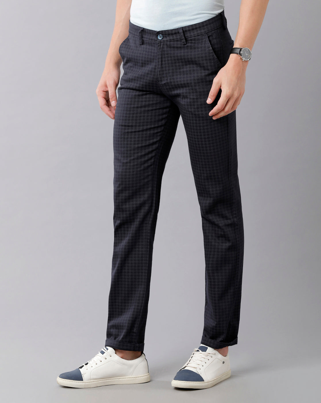 CP BRO Men's Cotton Checked Slim Fit Navy Color Trousers | Tbn2-26 B