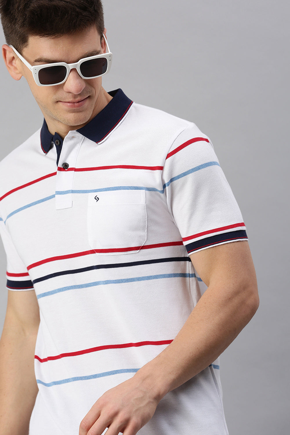 Classic Polo Men's Cotton Blend Half Sleeve Striped Slim Fit Polo Neck White Color T-Shirt | Adore - 193 B