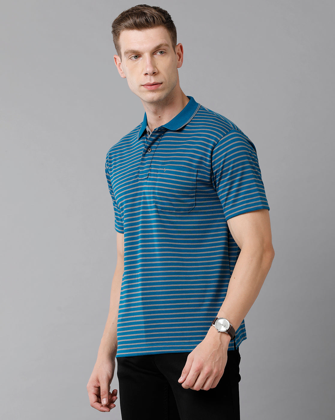 Classic Polo Men's Cotton Striped Authentic Fit Blue T-Shirt | Feeders - 210 A