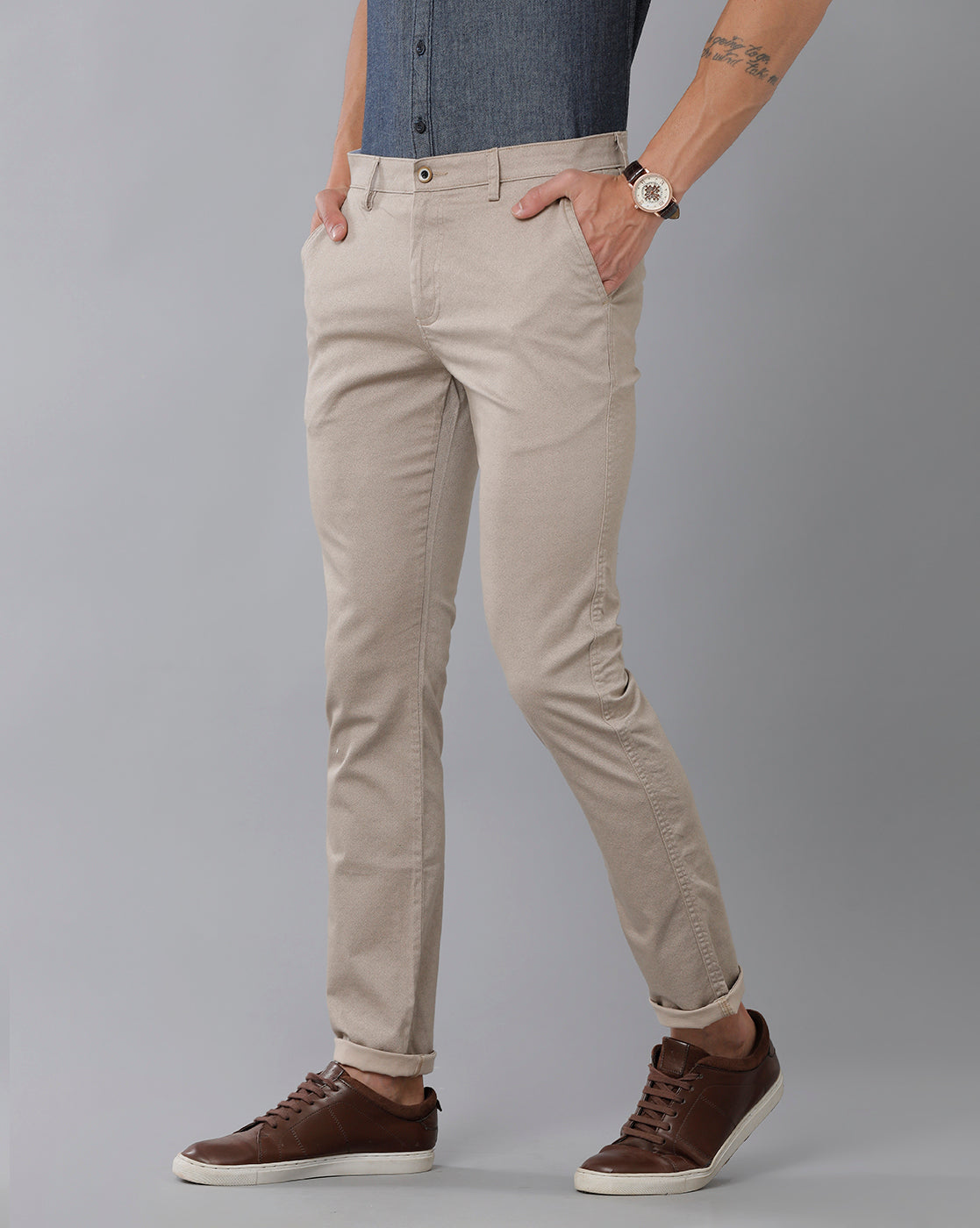 Classic Polo Men's 100% Cotton Moderate Fit Solid Cream Color Trouser | TO1-37 B-CRM