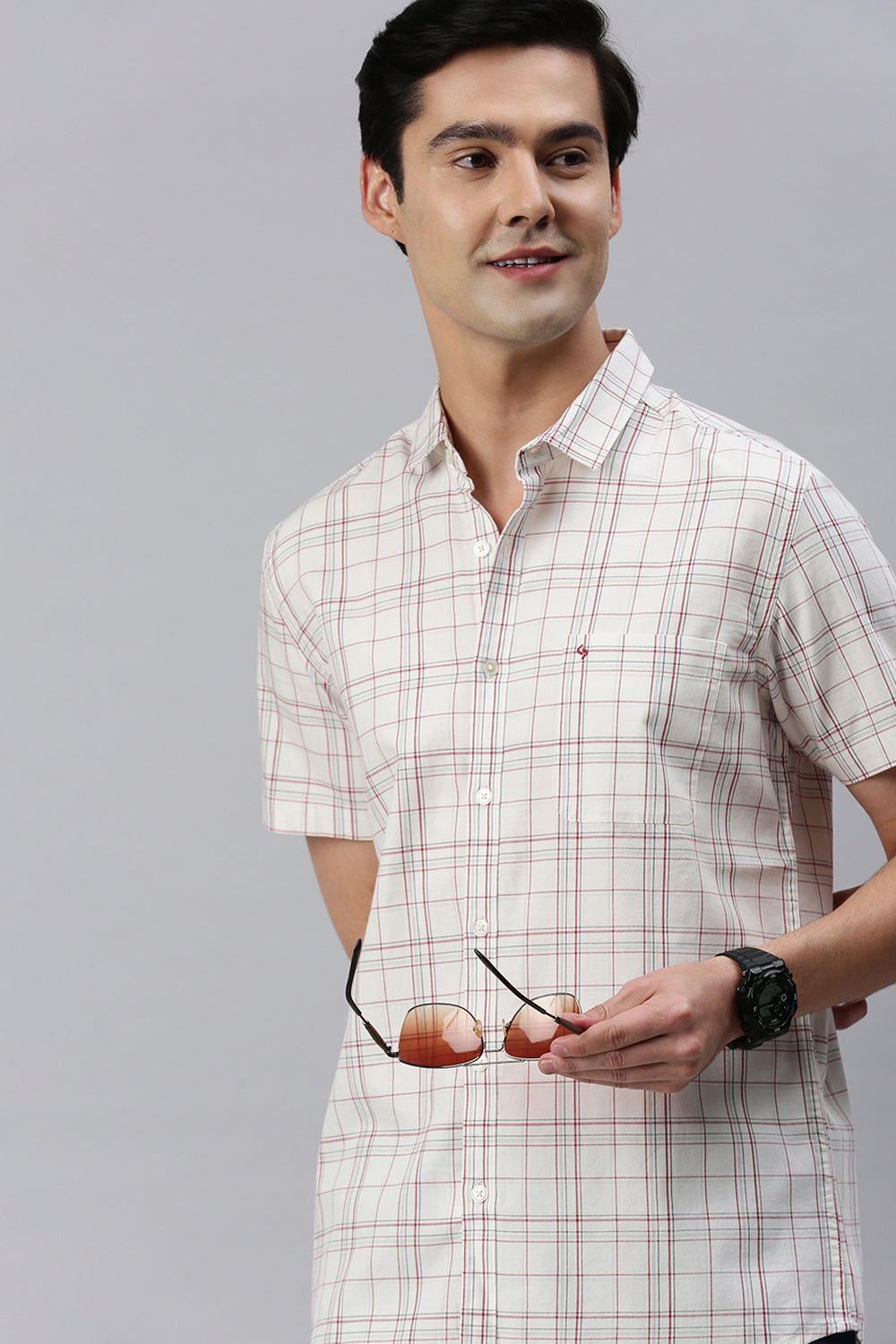 Classic Polo Men's Cotton Half Sleeve Checked Slim Fit Polo Neck Cream Color Woven Shirt | So1-96 A