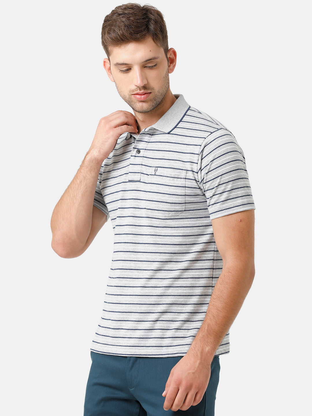 Classic Polo Mens Cotton Striped Half Sleeve Authentic Fit Polo Neck Grey Color T-Shirt | F.Flash 04