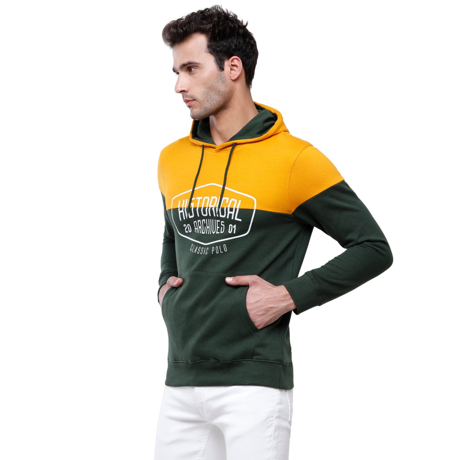 Classic Polo Men's Color Block Full Sleeve Yellow & Green Hooded Sweat Shirt - CPSS-335 A Sweat Shirts Classic Polo 
