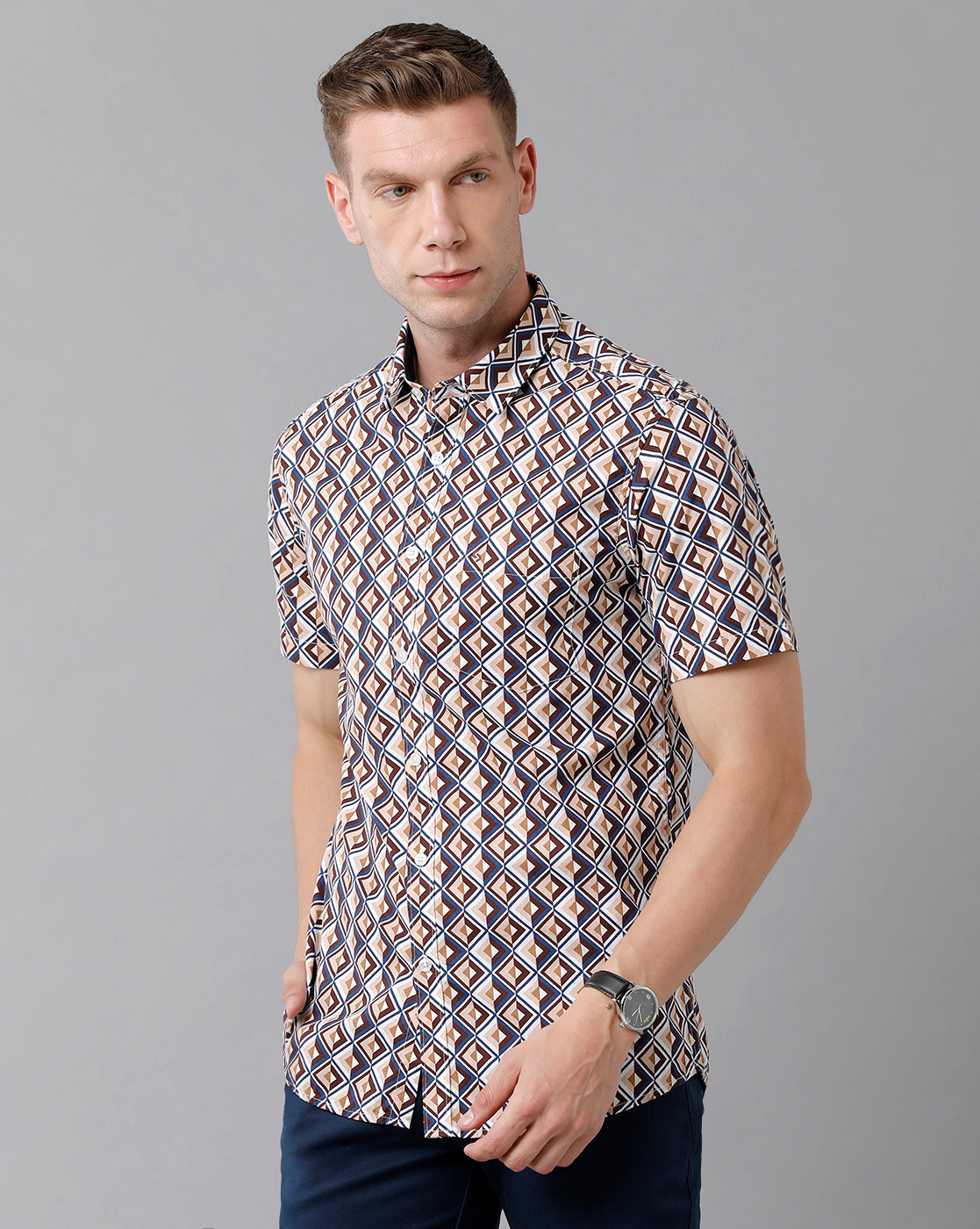 Classic Polo Men's Cotton Printed Half Sleeve Slim Fit Polo Neck Multicolor Woven Shirt | Sfd2- 26