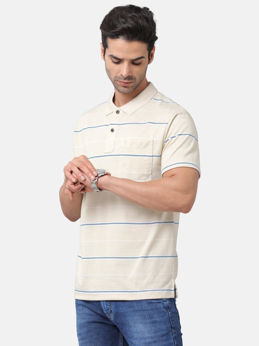 Classic Polo Mens Cotton Blend Striped Authentic Fit Polo Neck Cream Color T-Shirt | Avon 477a