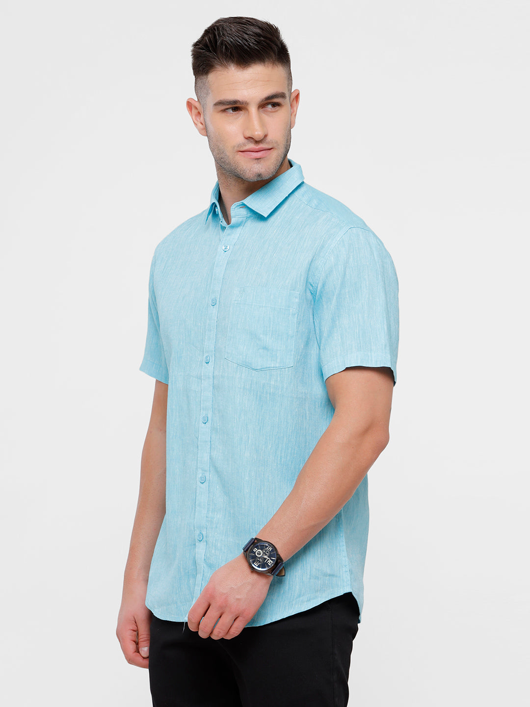 Classic Polo Mens Blue Linen Cotton Woven Shirt - Porsh Aqua HS