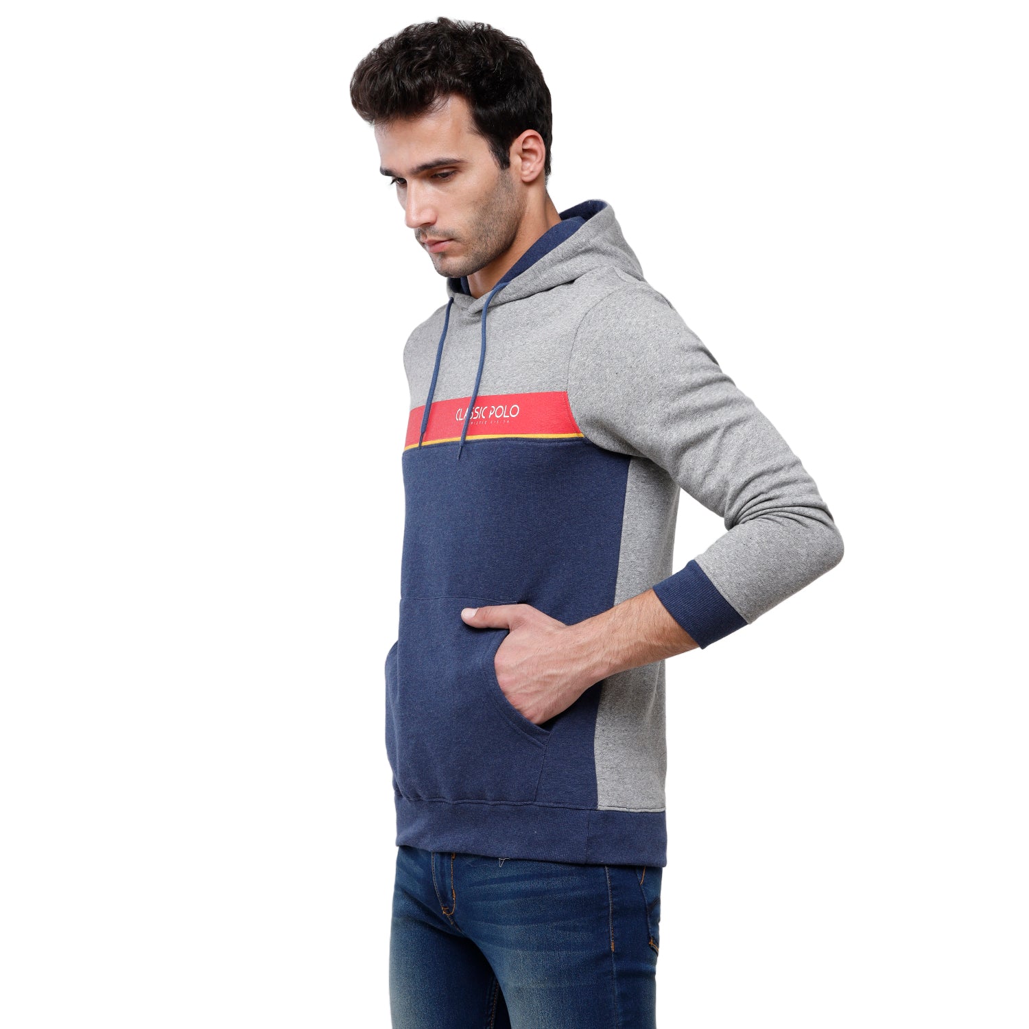Classic Polo Men's Grey & Navy Color Block Full Sleeve Hoodie Sweat Shirt - CPSS - 334A Sweat Shirts Classic Polo 