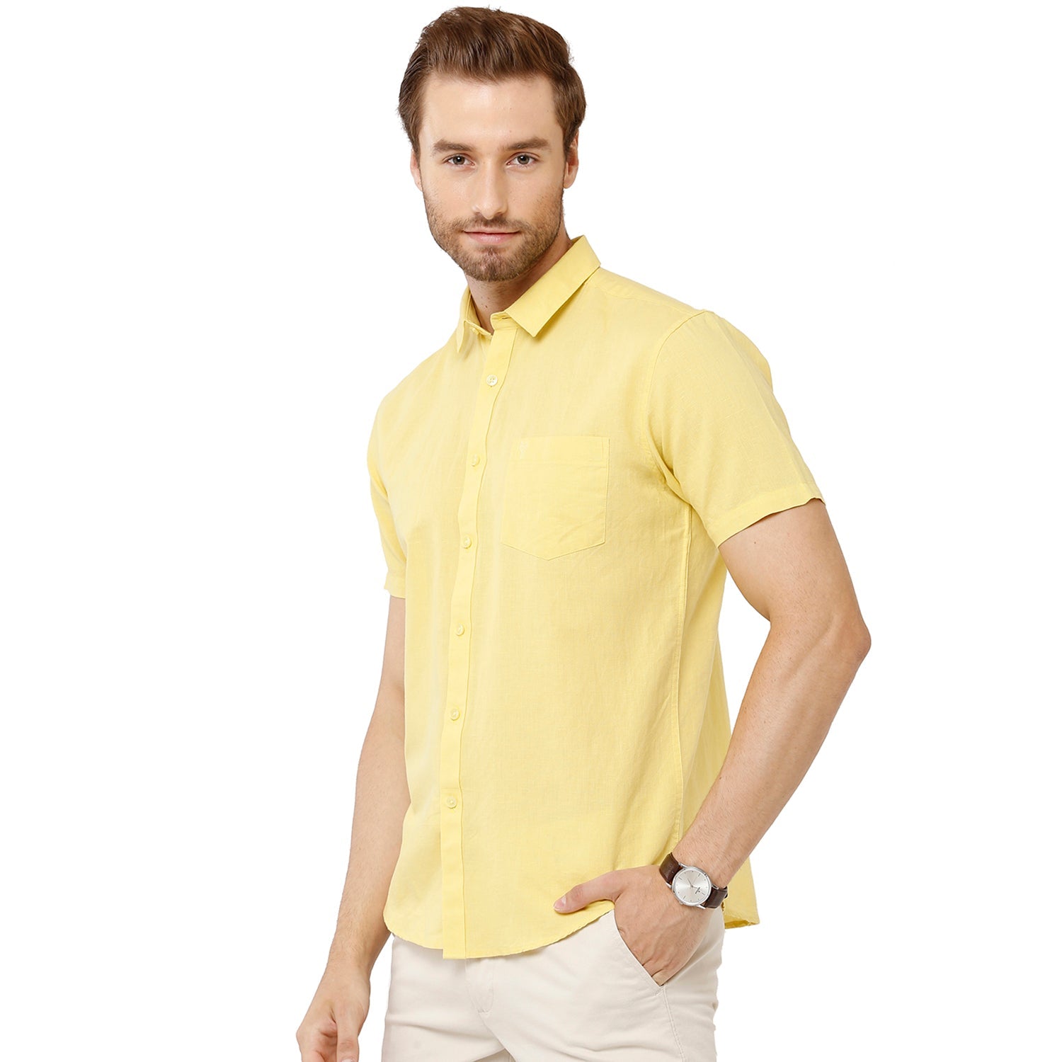 Classic Polo Mens Solid Milano Fit Woven Shirt -Mica Yellow Shirts Classic Polo 