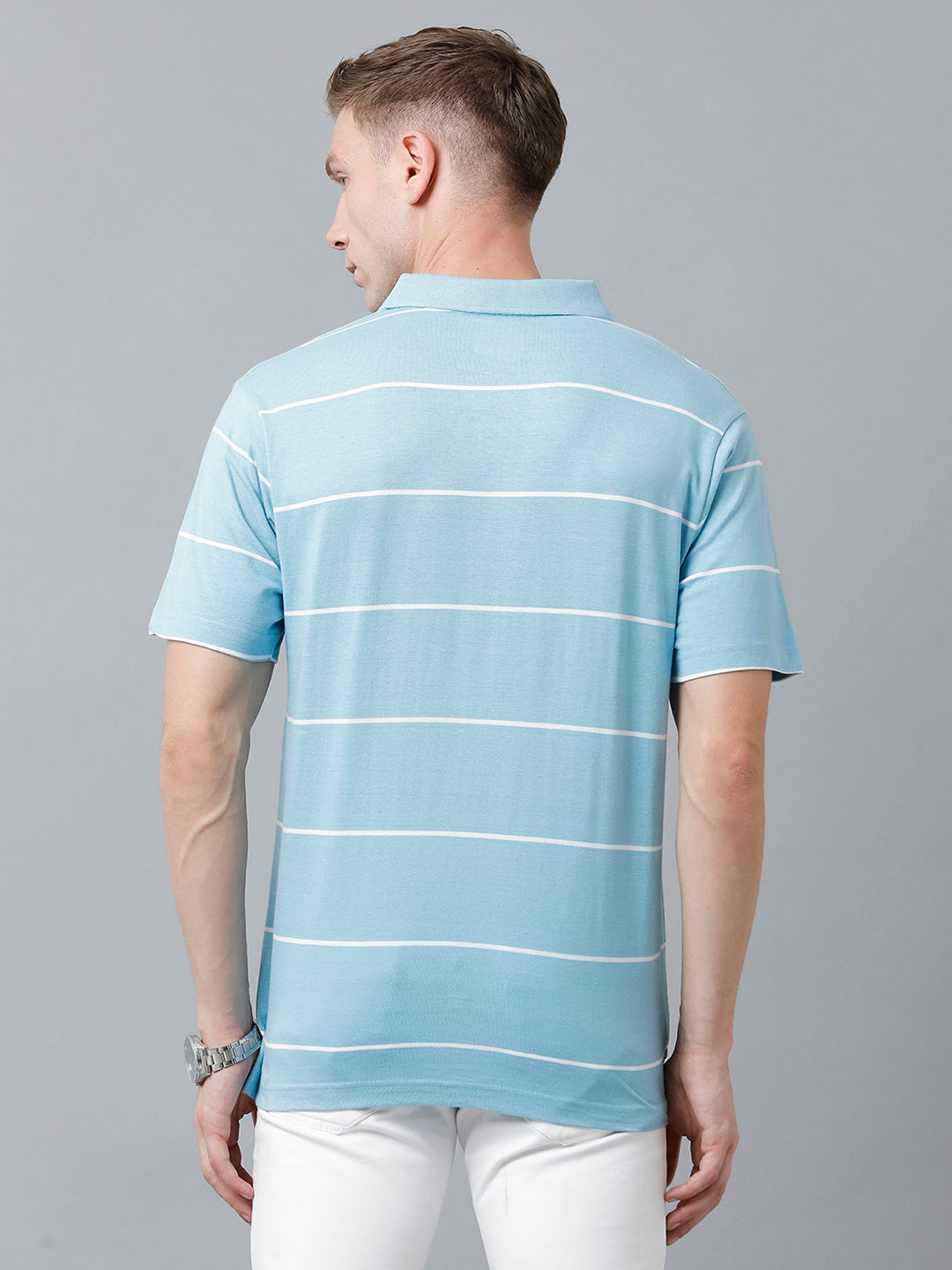 Classic Polo Men's Cotton Blend Half Sleeve Striped Authentic Fit Polo Neck Sky Blue Color T-Shirt | Avon - 518 A