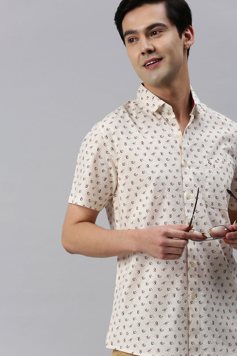 Classic Polo Men's Cotton Half Sleeve Printed Slim Fit Polo Neck Cream Color Woven Shirt | So1-14 B