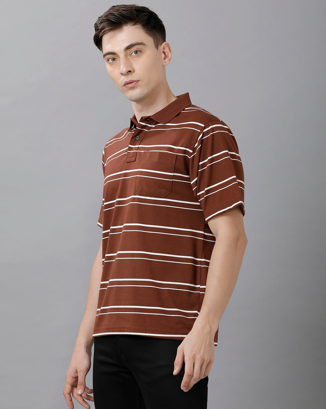 Classic Polo Mens Cotton Blend Striped Half Sleeve Authentic Fit Polo Neck Brown Color T-Shirt | Avon 497 B