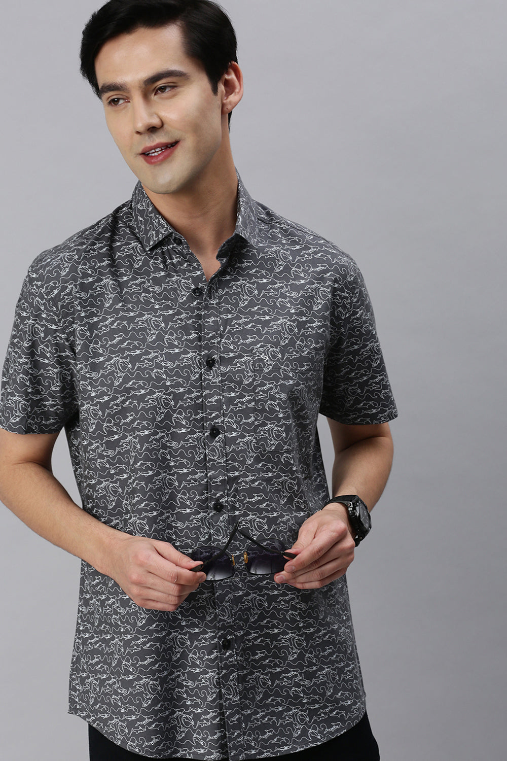 Classic Polo Men's Cotton Half Sleeve Printed Slim Fit Polo Neck Grey Color Woven Shirt | So1-148 B
