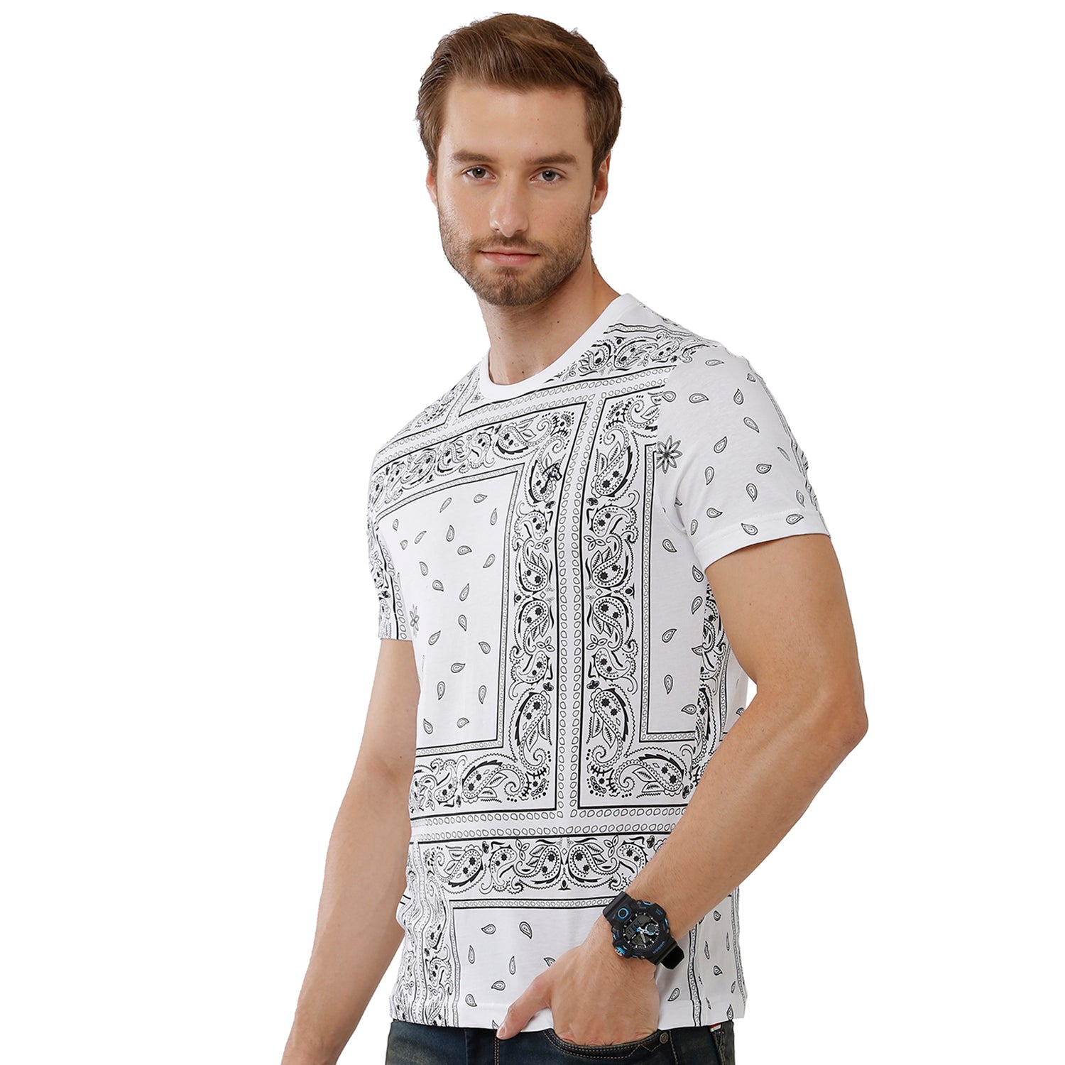 Classic Polo Bro Mens 100% Cotton Printed Half Sleeve Slim Fit Crew Neck White Color T-Shirt (BRCN - 473 B SF C) Classic Polo 