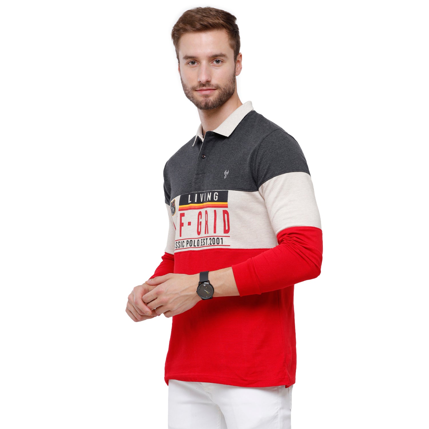 Classic Polo Men's Red & Grey Polo Full Sleeve Slim Fit T-Shirt -VERNO - 256 A T-shirt Classic Polo 
