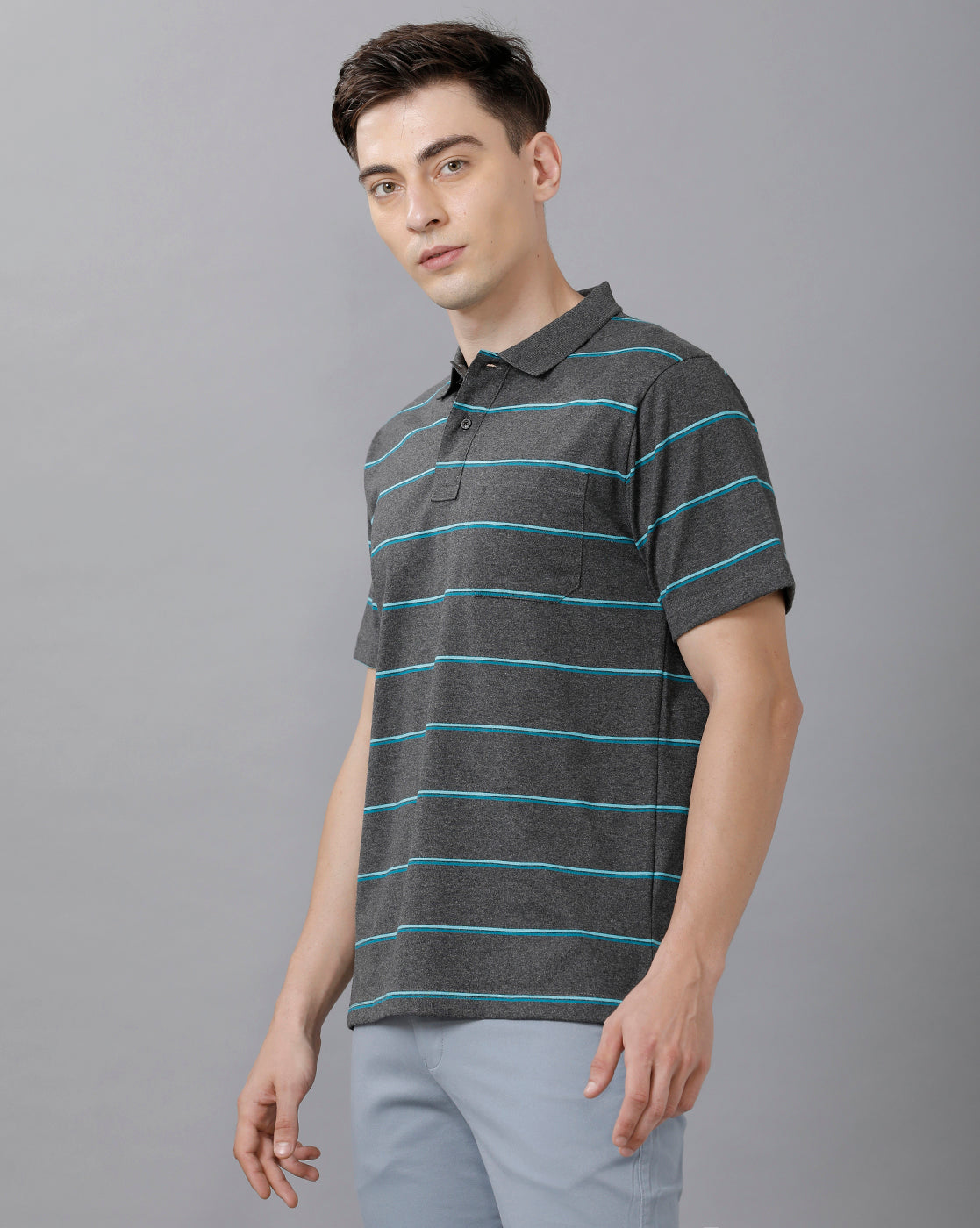Classic Polo Mens Cotton Blend Striped Half Sleeve Authentic Fit Polo Neck Dark Grey Color T-Shirt | Avon 494 B