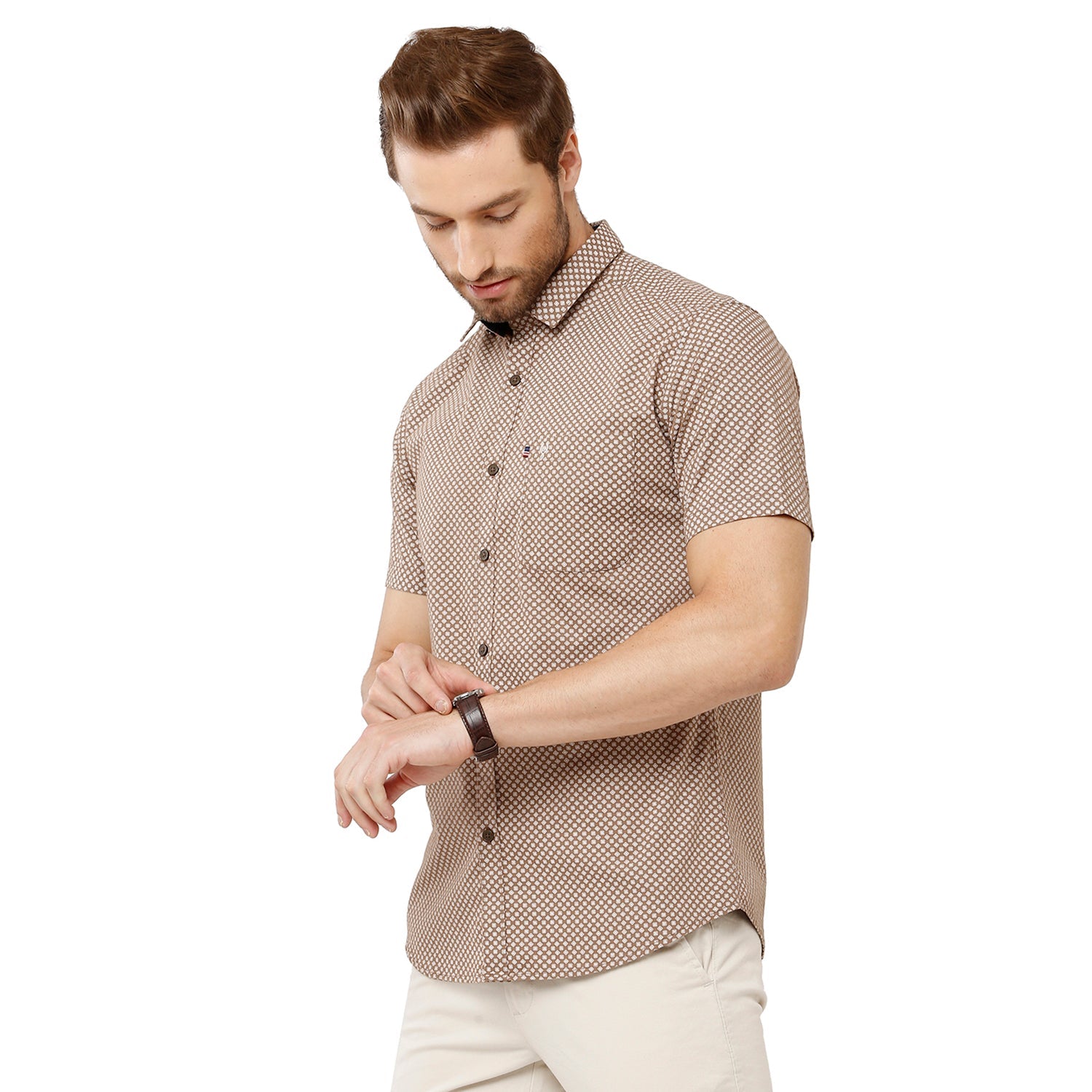 Classic Polo Mens 100% Cotton Half Sleeve Printed Slim Fit Beige Color Woven Shirt -SN1 56 B Shirts Classic Polo 