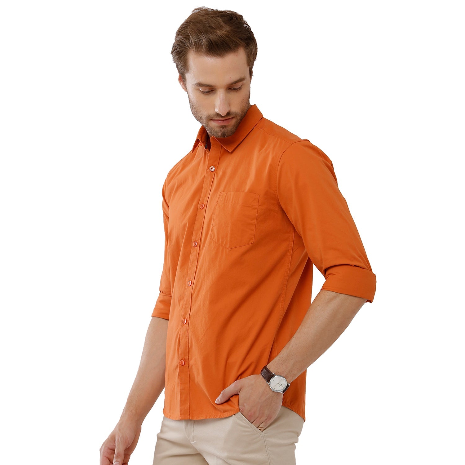 Classic Polo Mens 100% Cotton Full Sleeve Solid Slim Fit Orange Color Woven Shirt -SN1 115 C Shirts Classic Polo 