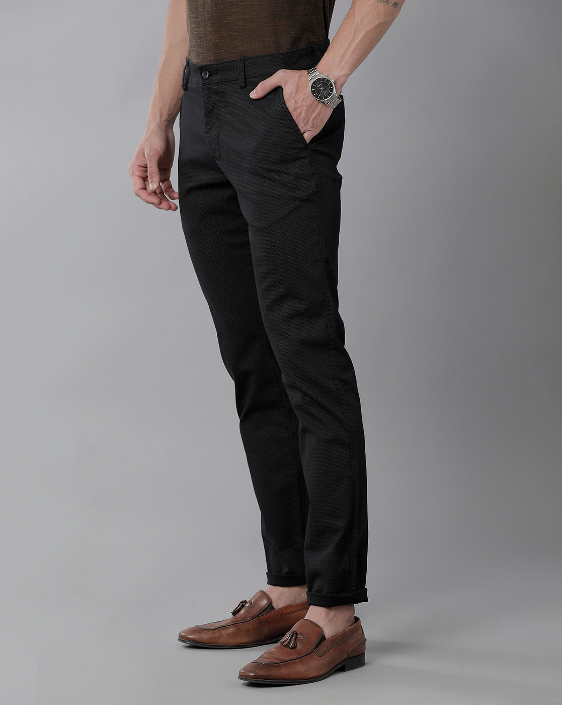 Classic Polo Men's 100% Cotton Moderate Fit Solid Black Color Trouser | TO1-33 D-BLK