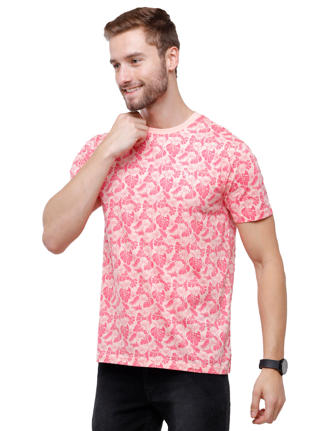 Swiss Club Mens Pink Printed Slim Fit Half Sleeve Round Neck T-Shirt (CUB - 55 A SF C) T-shirt Swiss Club 
