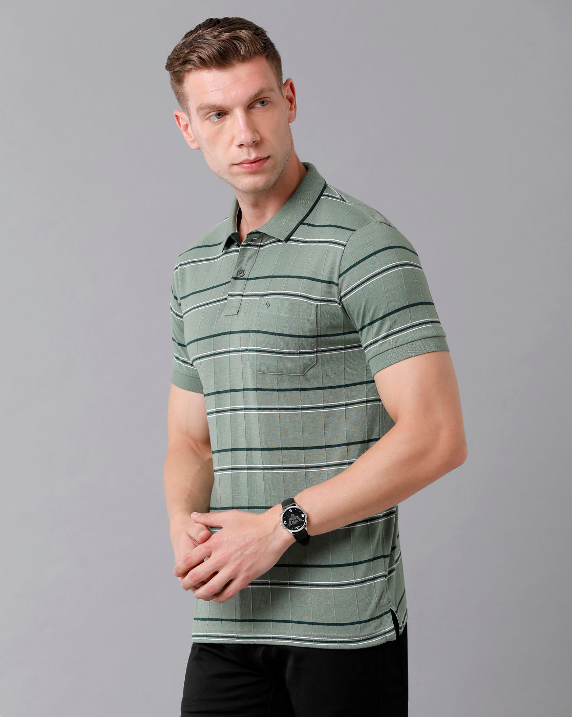 Classic Polo Men's Cotton Striped Half Sleeve Slim Fit Polo Neck Green Color T-Shirt | Trs - 92 A