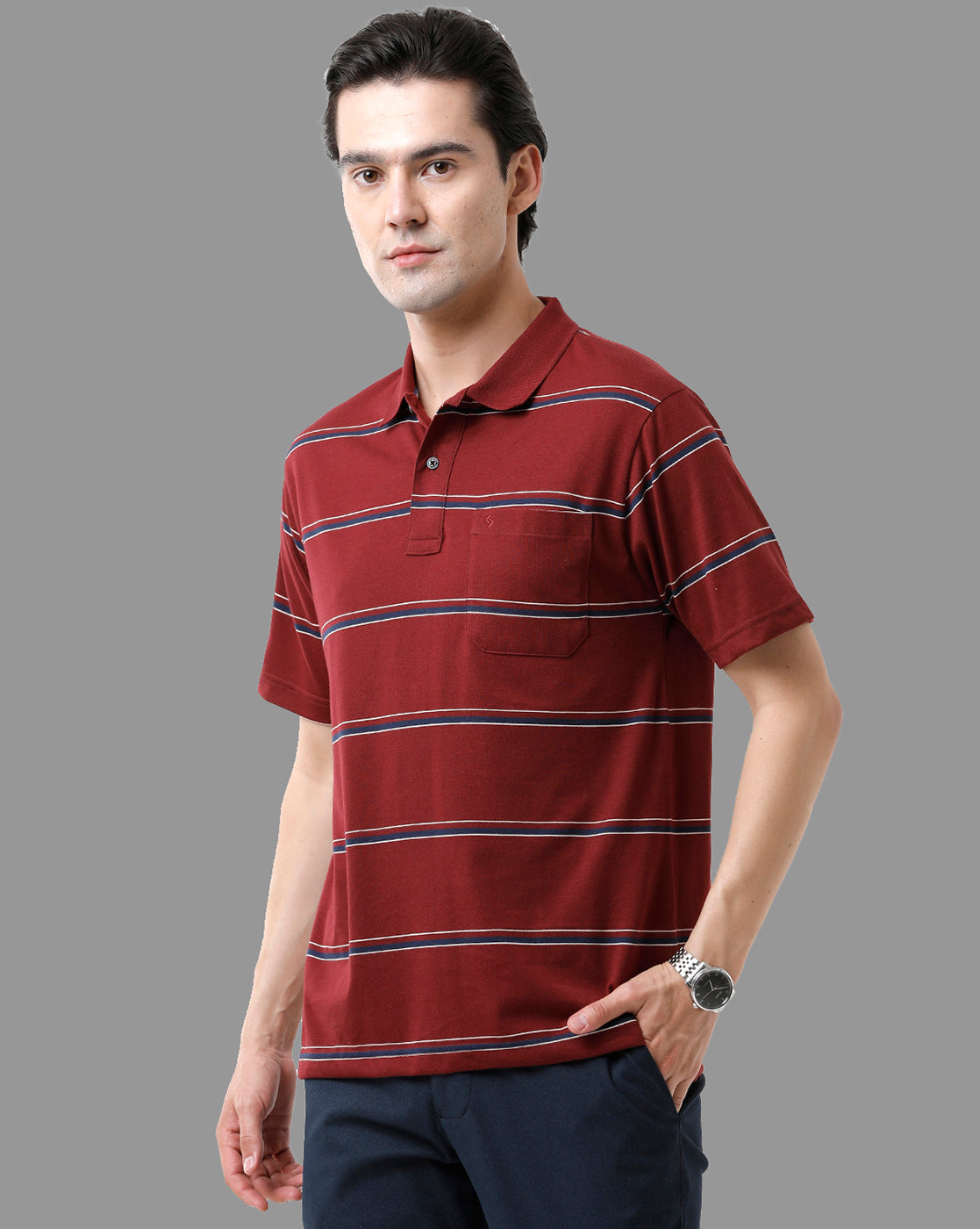 Classic Polo Mens Cotton Blend Half Sleeve Striped Authentic Fit Polo Neck Maroon Color T-Shirt | Avon - 501 A