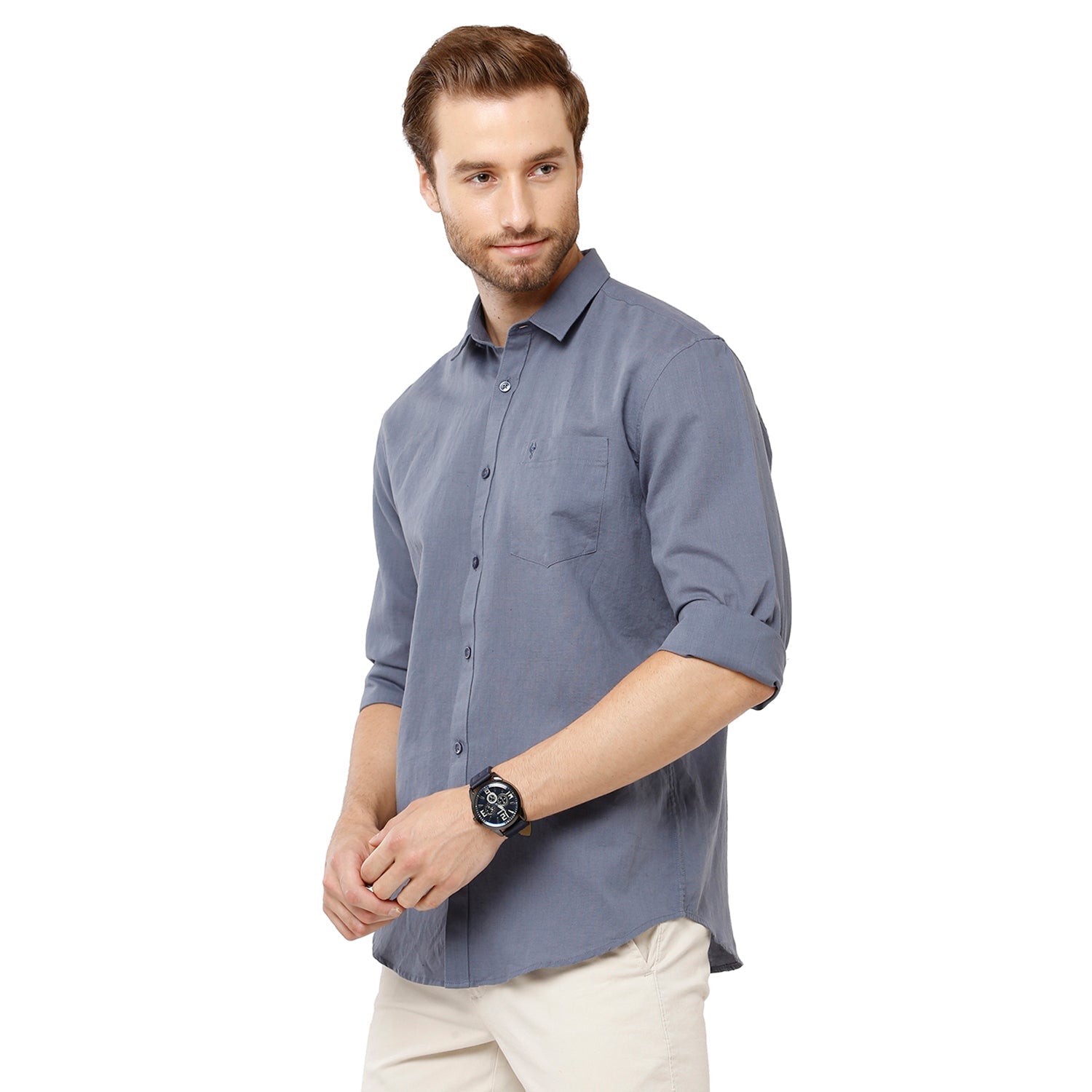 Classic Polo Mens 100% Cotton Solid Milono Fit Grey Color Woven Shirt - Mica Grey FS Shirts Classic Polo 