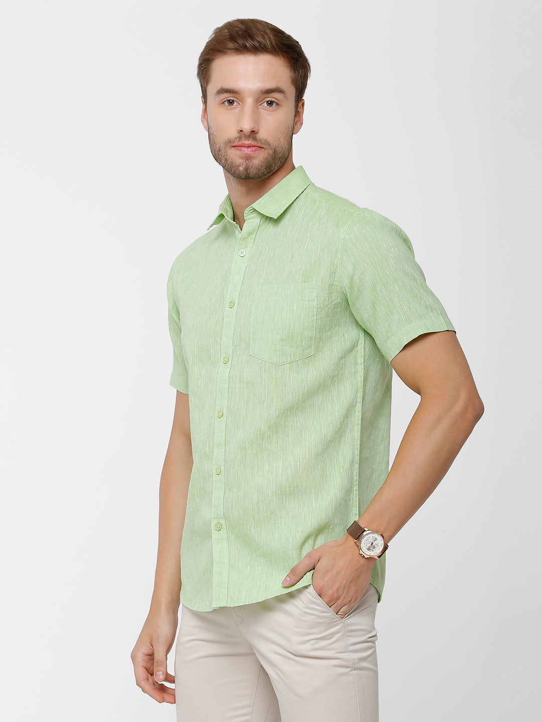Classic Polo Mens Green Linen Cotton Woven Shirt - Porsh Green HS